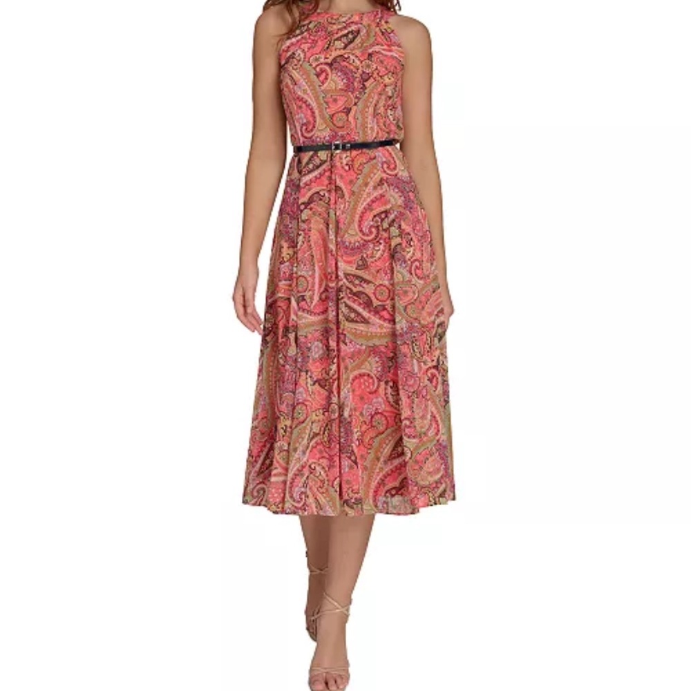 Tommy Hilfiger Ladies Paisley Print Chiffon Spring Midi Pink Dress NWT size 6 - Picture 2 of 5